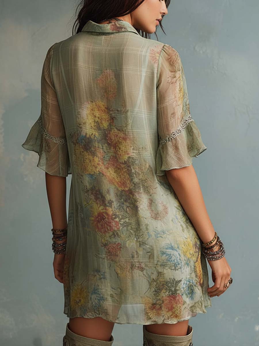 Retro Plaid Mixed Floral Print Chiffon Mini Dress