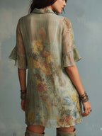 Retro Plaid Mixed Floral Print Chiffon Mini Dress