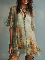 Retro Plaid Mixed Floral Print Chiffon Mini Dress