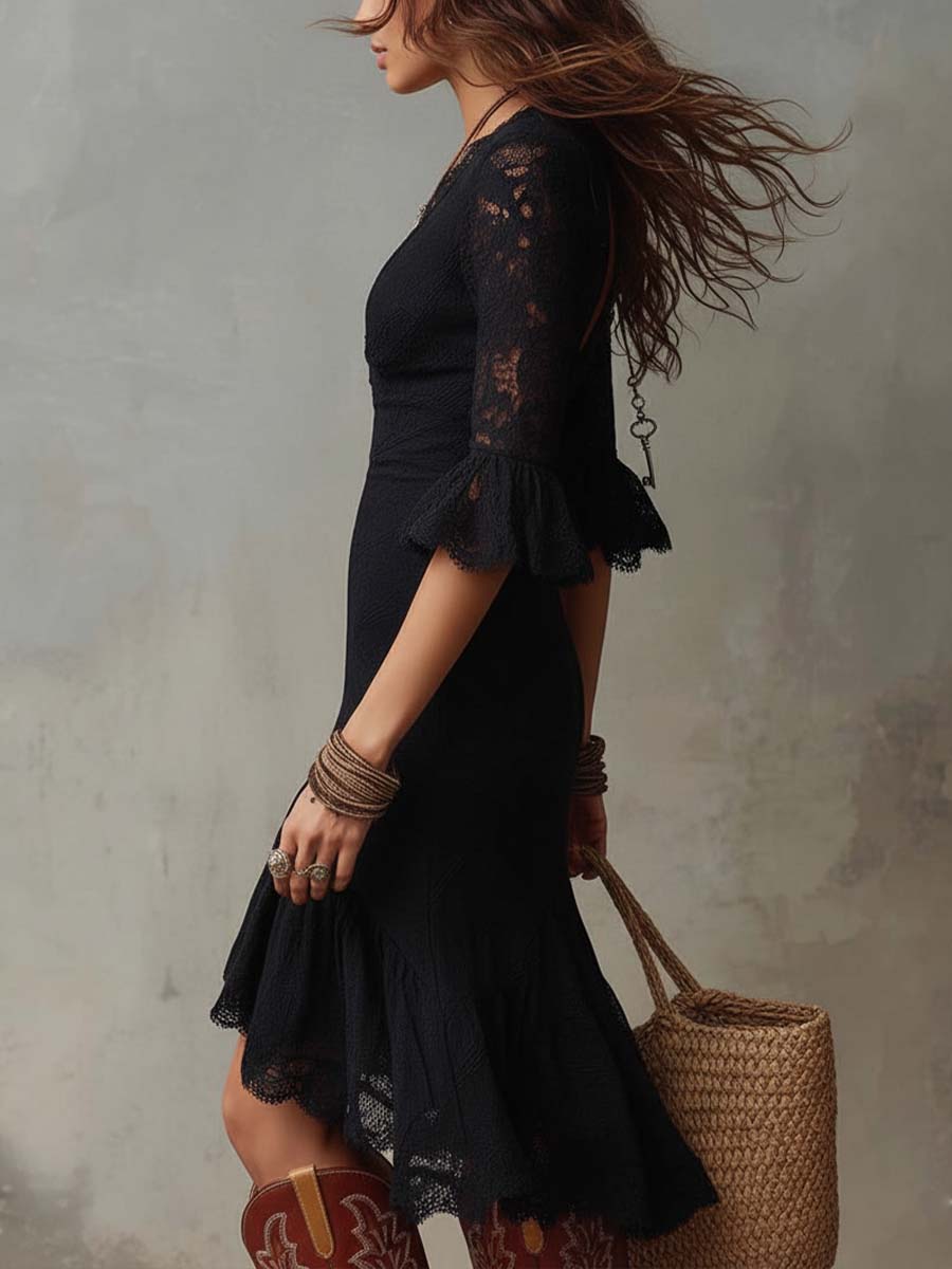 Retro Ruffle Cuffs Flare Skirt Lace Midi Dress