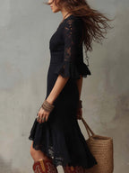 Retro Ruffle Cuffs Flare Skirt Lace Midi Dress