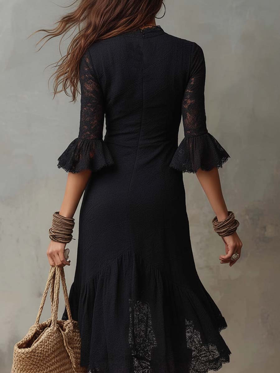 Retro Ruffle Cuffs Flare Skirt Lace Midi Dress