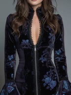 Vintage Floral Lace-trimmed Slim-fit Polyester Velvet Mini Dress