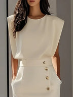 Floralia - Plain midi dress with button slit and round neckline