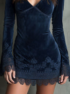 Embroidery Bell Sleeves Velvet Dress With Lace Trim