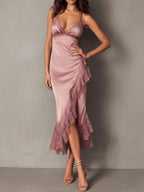 Elegant Blush Satin Lace-Trim Slip Midi Dress With Asymmetric Hem