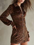 Retro Short Velvet Leopard Print Lantern Sleeve Mini Dress