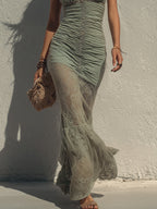 Boho Ruched Lace-Paneled Hem Maxi Dress
