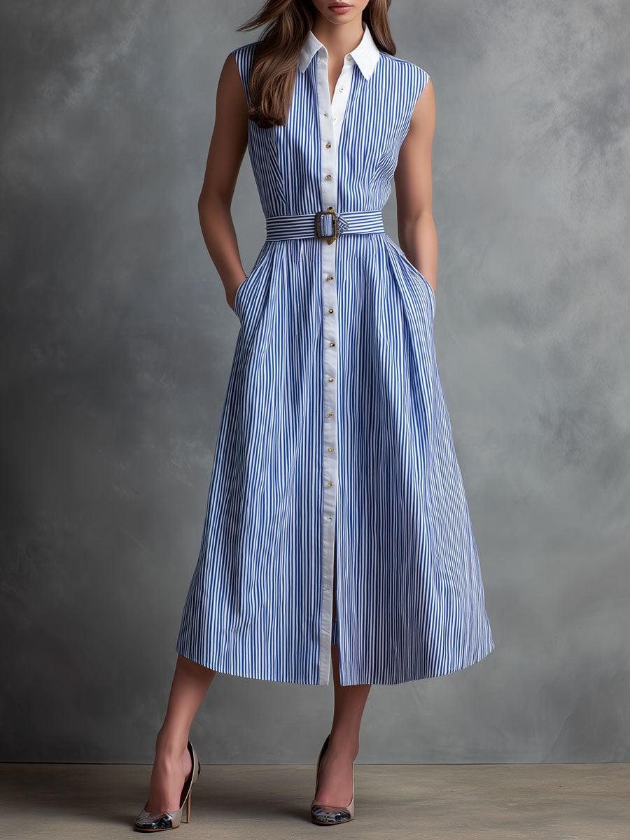Retro Classic Blue & White Striped Belted Shirt Dress