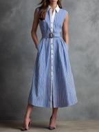 Retro Classic Blue & White Striped Belted Shirt Dress