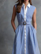 Retro Classic Blue & White Striped Belted Shirt Dress