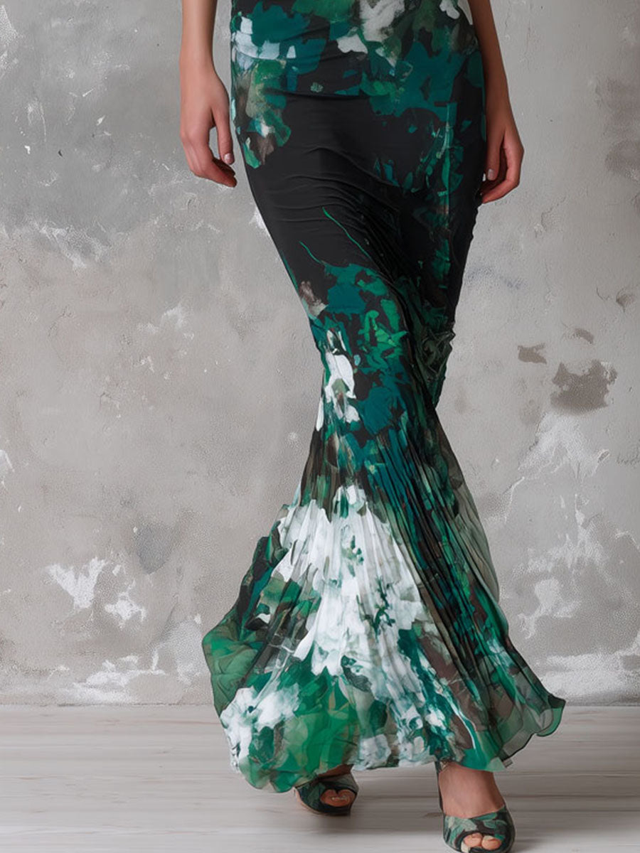 Retro Elegant Emerald Bloom Sleeveless Pleated Maxi Dress