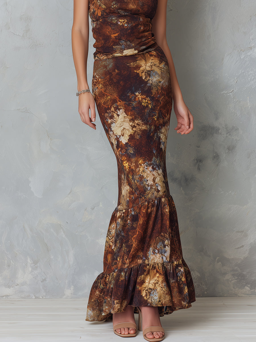 Elegant Keyhole Neck Floral Print Maxi Dress