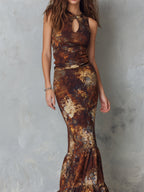 Elegant Keyhole Neck Floral Print Maxi Dress