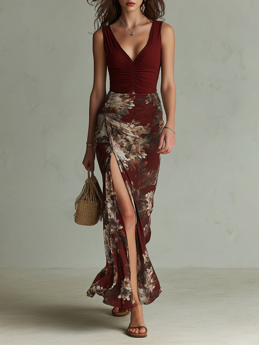 Retro Ruched Floral Print High-Slit Maxi Dress