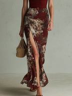 Retro Ruched Floral Print High-Slit Maxi Dress