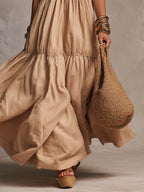 Vintage Lace Halter-Neck Cotton-Linen Maxi Dress