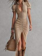 Urban Nomad Lace-Trimmed Front-Slit Cotton-Linen Maxi Dress