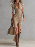 Urban Nomad Lace-Trimmed Front-Slit Cotton-Linen Maxi Dress