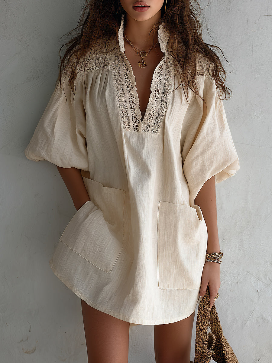 Vintage Cotton-Linen Mini Dress With Guipure Lace Inserts