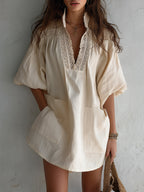 Vintage Cotton-Linen Mini Dress With Guipure Lace Inserts