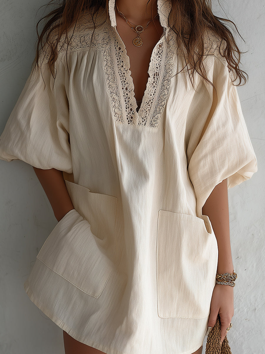 Vintage Cotton-Linen Mini Dress With Guipure Lace Inserts