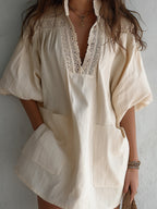 Vintage Cotton-Linen Mini Dress With Guipure Lace Inserts