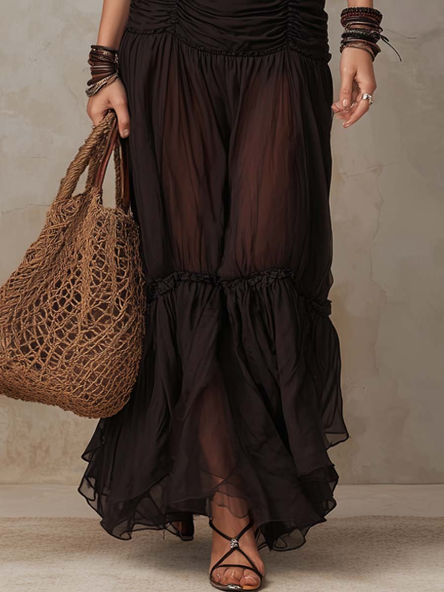 Retro Ruched Waist Sheer Hem Maxi Dress