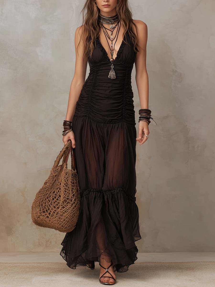 Retro Ruched Waist Sheer Hem Maxi Dress