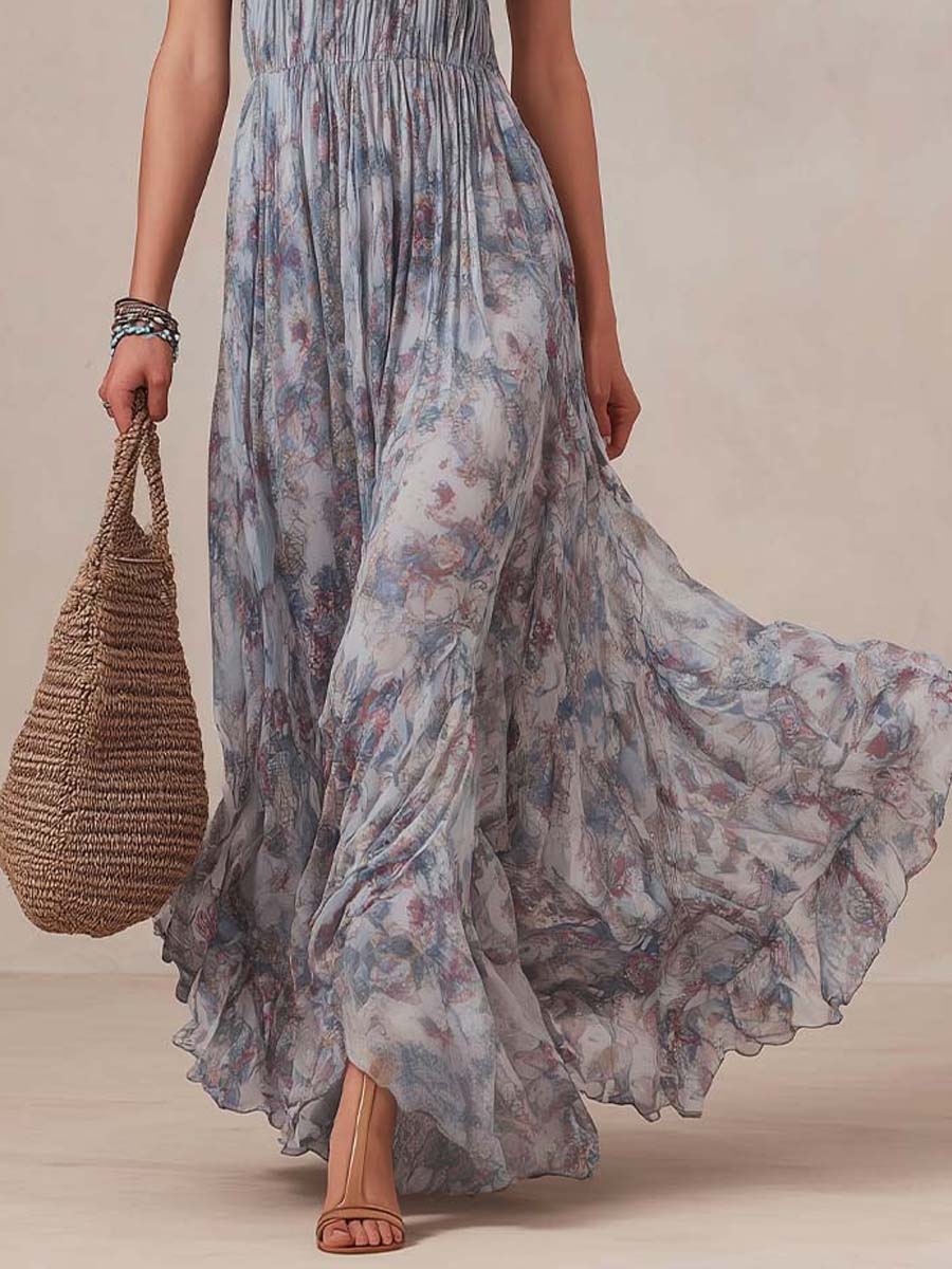 Bohemian Halter Smocked Floral Tiered Maxi Dress