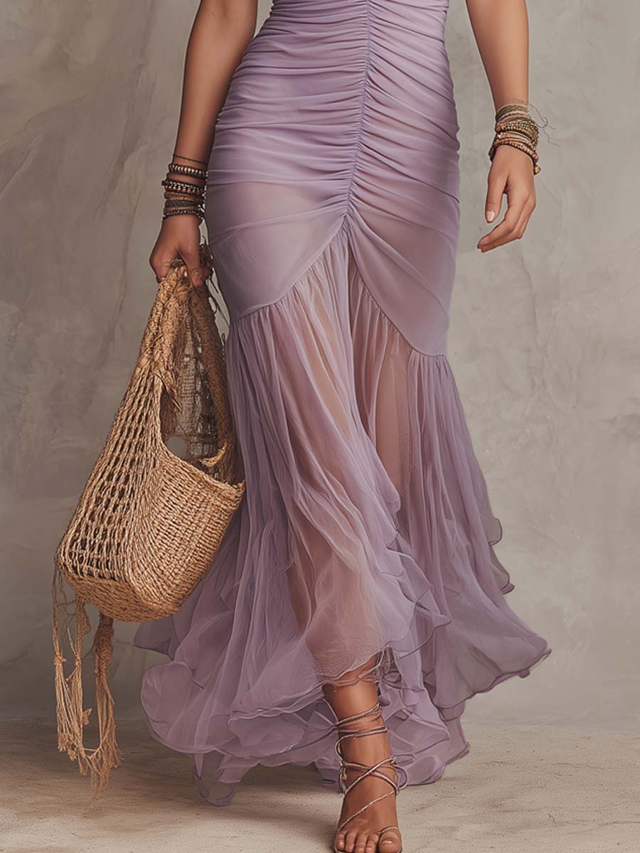 Vintage Ruched Flared Hem Chiffon Midi Dress