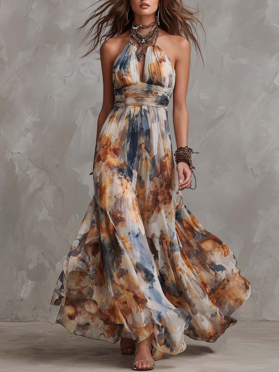 Vintage Oil Painting Style Halter-Neck Chiffon Maxi Dress
