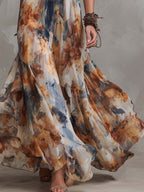 Vintage Oil Painting Style Halter-Neck Chiffon Maxi Dress