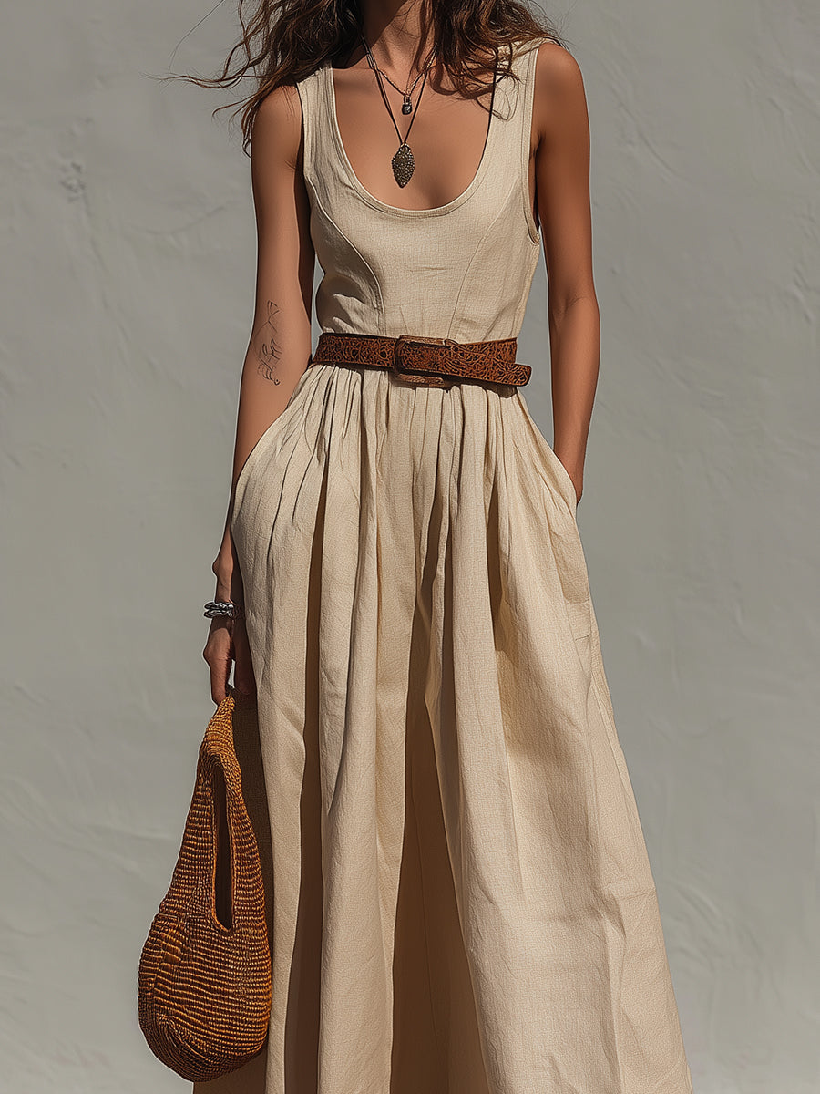 Retro Classic Cotton-Linen Maxi Dress With Belt