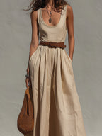 Retro Classic Cotton-Linen Maxi Dress With Belt