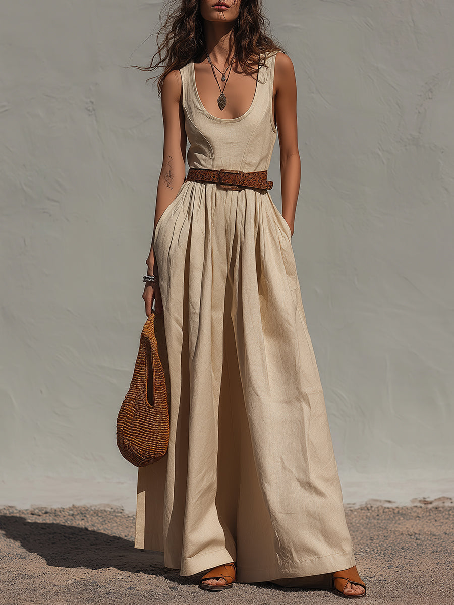 Retro Classic Cotton-Linen Maxi Dress With Belt