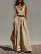 Retro Classic Cotton-Linen Maxi Dress With Belt