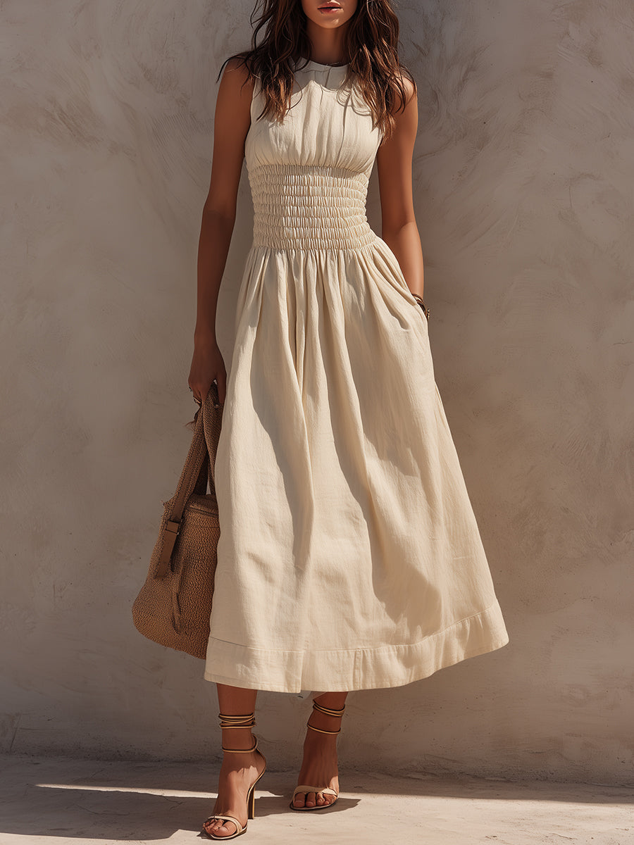 Classic Cotton-Linen Smocked Midi Dress With Side Pockets