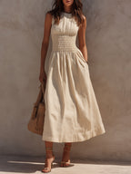 Classic Cotton-Linen Smocked Midi Dress With Side Pockets