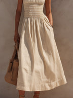 Classic Cotton-Linen Smocked Midi Dress With Side Pockets