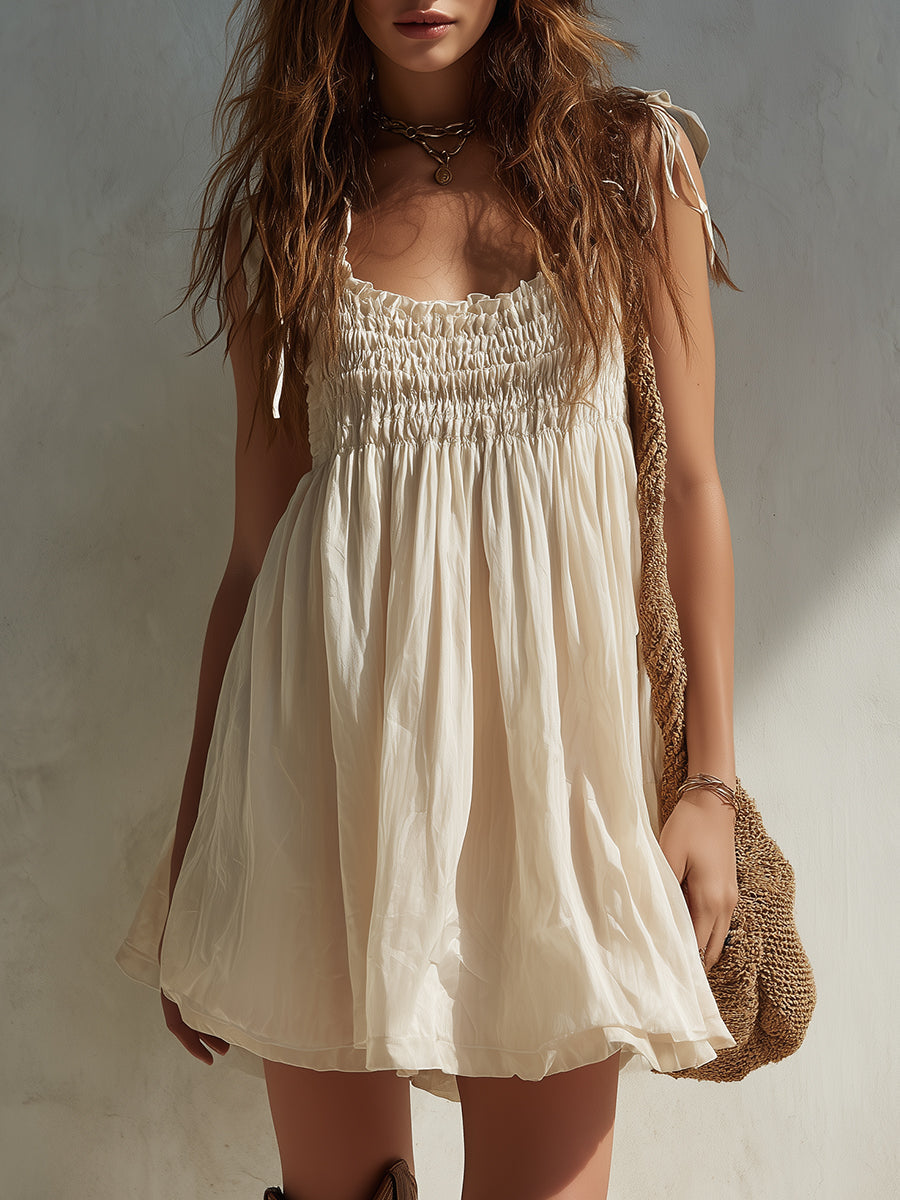 Boho Shirred Mini Dress With Shoulder Ties