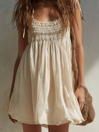 Boho Shirred Mini Dress With Shoulder Ties