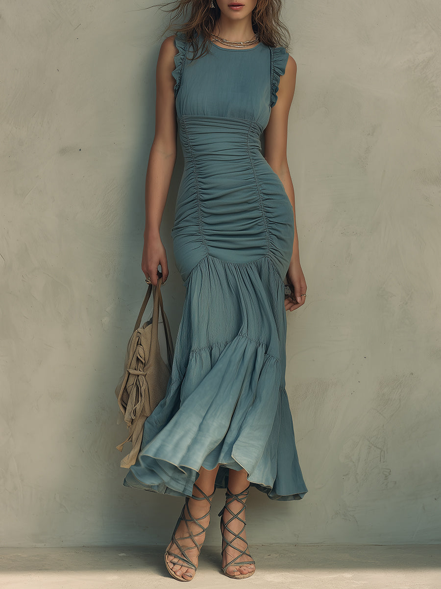 Retro Ruffled Maxi Dress With Flutter Sleeves