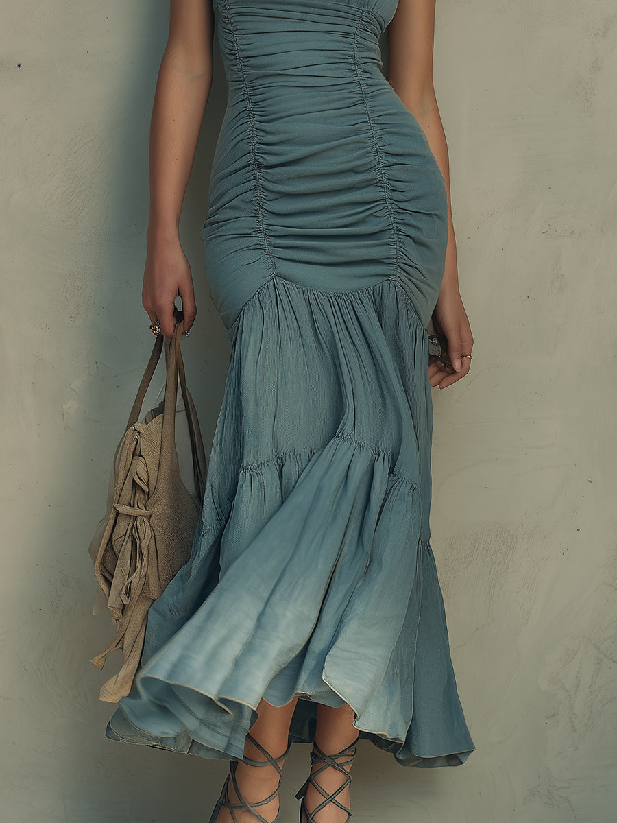 Retro Ruffled Maxi Dress With Flutter Sleeves