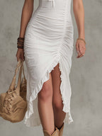 Vintage Lace Trim Straps Slit Hem Midi Dress