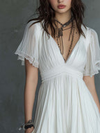 Vintage Pleated Lace Trim White Chiffon Mini Dress