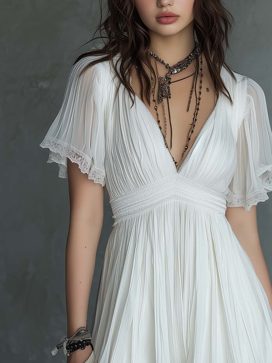 Vintage Pleated Lace Trim White Chiffon Mini Dress