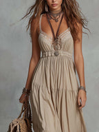 Retro Lace-Collar Cotton-Linen Maxi Dress