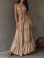 Boho Golden Sand Halter Tie-Front Maxi Dress