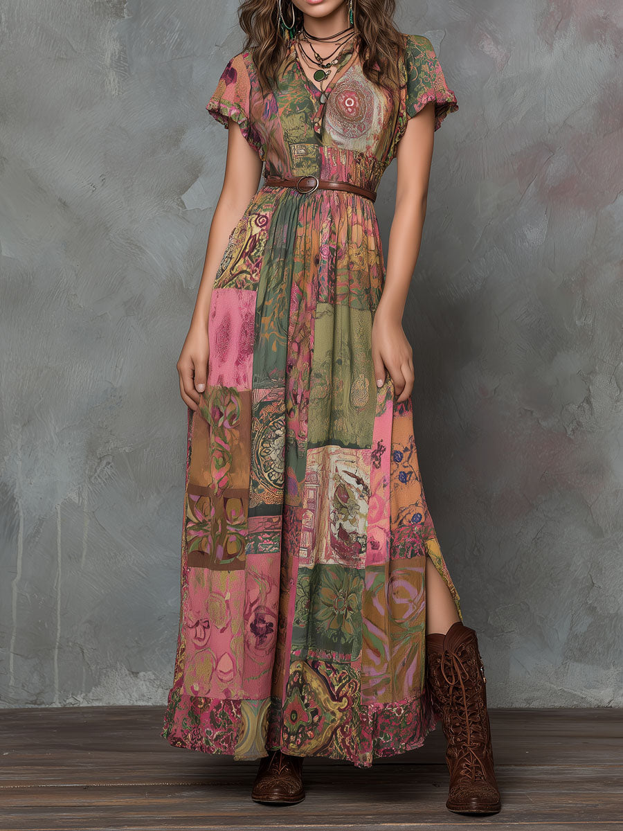 Vintage Rustic Garden Patchwork Boho Maxi Dress